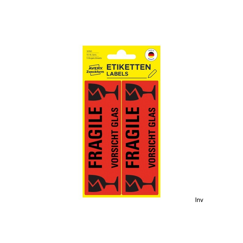 Etykiety informacyjne UWAGA SZKŁO 119 x 38 mm czerwony odblaskowy 10 sztuk Avery Zweckform
