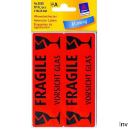 Etykiety informacyjne UWAGA SZKŁO 119 x 38 mm czerwony odblaskowy 10 sztuk Avery Zweckform