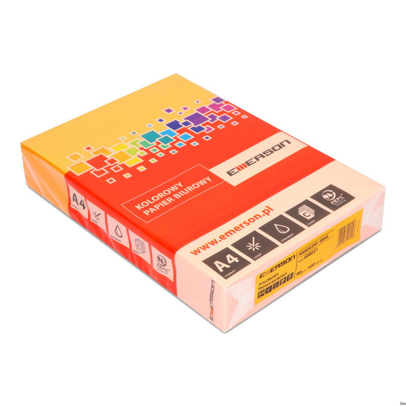 Papier ksero A4 80g pomarańczowy Emerson 100% celulozy, certyfikat PEFC, ekologiczny, 500 sztuk
