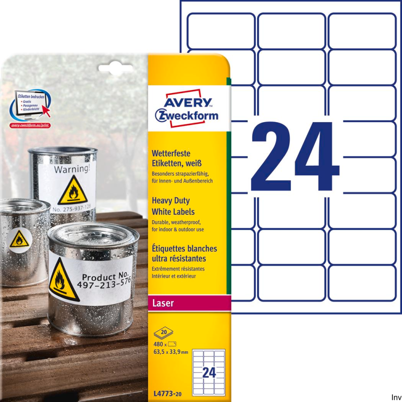 Etykiety Avery Zweckform Heavy Duty L4773-20 63,5 x 33,9 mm, białe, poliestrowe, 20 arkuszy
