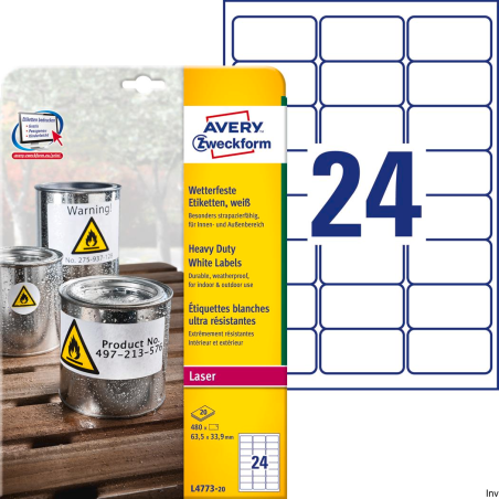 Etykiety Avery Zweckform Heavy Duty L4773-20 63,5 x 33,9 mm, białe, poliestrowe, 20 arkuszy