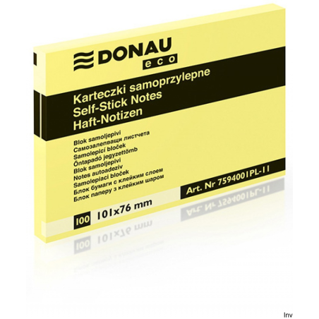Bloczek Donau 101x76 mm, 100 sztuk, gramatura 70 gsm, jasnożółty, klej usuwalny wodą