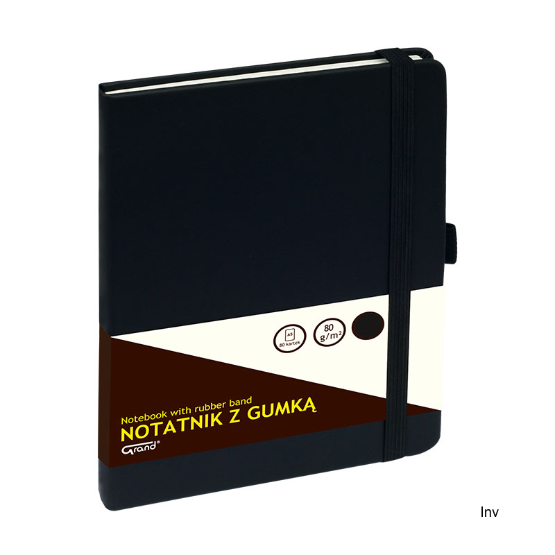 Notatnik Grand A5 z gumką, 80 kartek 80g, kratka, czarna okładka, z zakładką i kieszenią