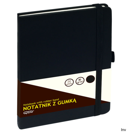 Notatnik Grand A5 z gumką, 80 kartek 80g, kratka, czarna okładka, z zakładką i kieszenią