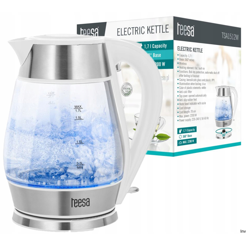 Czajnik elektryczny szklany Teesa 1.7L biało-srebrny 2200W TSA15112W
