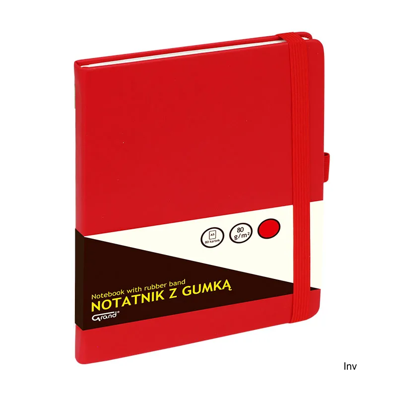 Notatnik Grand A5 z gumką, 80 kartek 80g, kratka, czerwona, twarda oprawa, zakładka, kieszeń