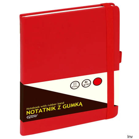 Notatnik Grand A5 z gumką, 80 kartek 80g, kratka, czerwona, twarda oprawa, zakładka, kieszeń