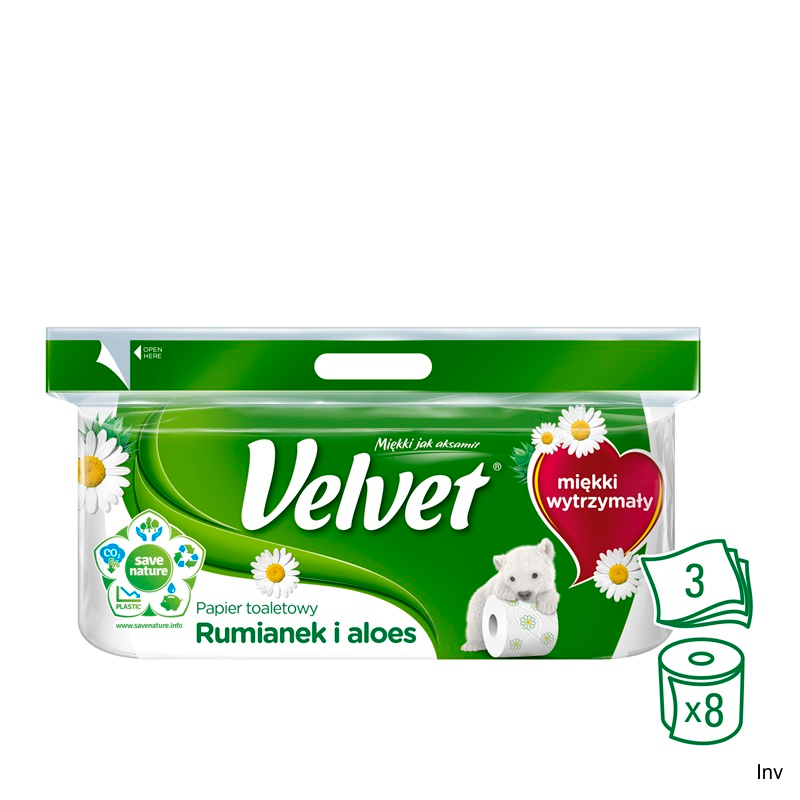 Papier toaletowy Velvet 3-warstwowy zapach rumianku, opakowanie 8 rolek, kolor biały