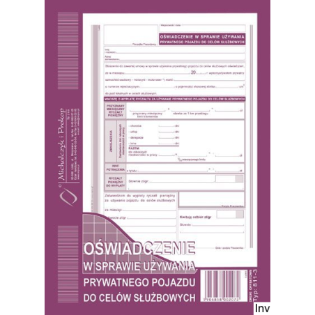 Oświadczenie o używaniu prywatnego pojazdu do celów służbowych A5, 40 kartek, DOTTS