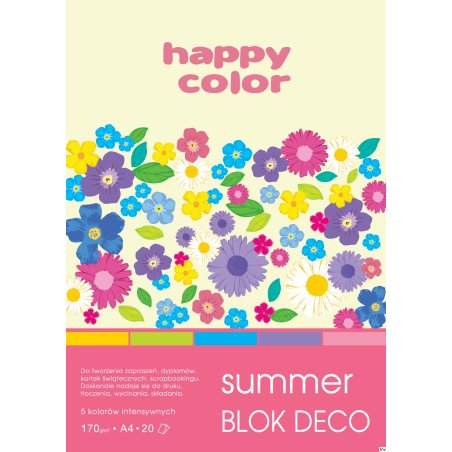 Blok papieru kolorowego Happy Color Deco Summer A4, 170g, 20 arkuszy, 5 kolorów