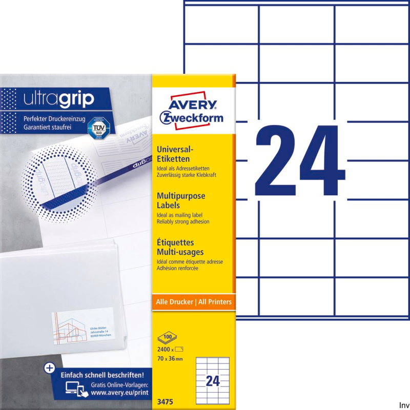 Etykiety uniwersalne Avery Zweckform 70 x 36 mm, 100 arkuszy, białe, do druku atramentowego i laserowego