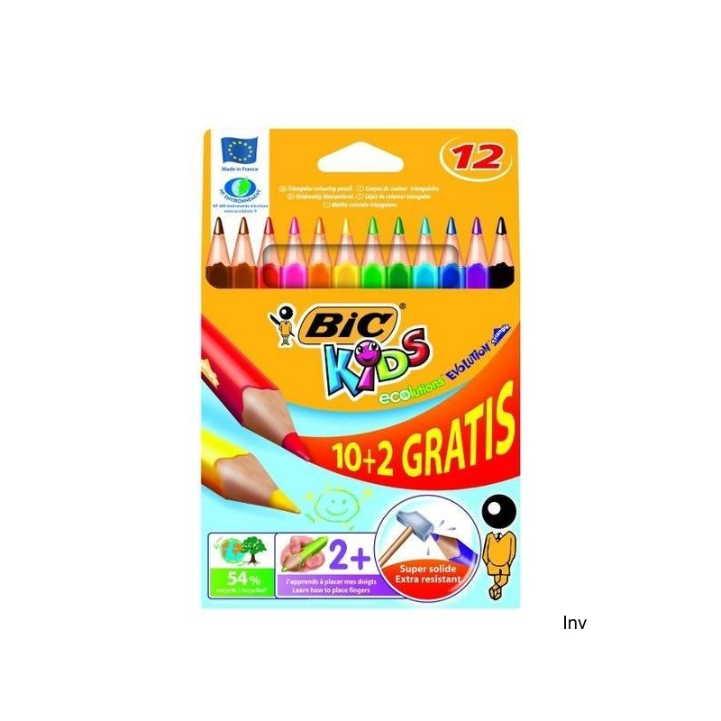 Kredki ołówkowe BIC Kids Evolution Triangle ECOlutions 10 sztuk + 2 kolory, ekologiczne, trójkątne, nietoksyczne
