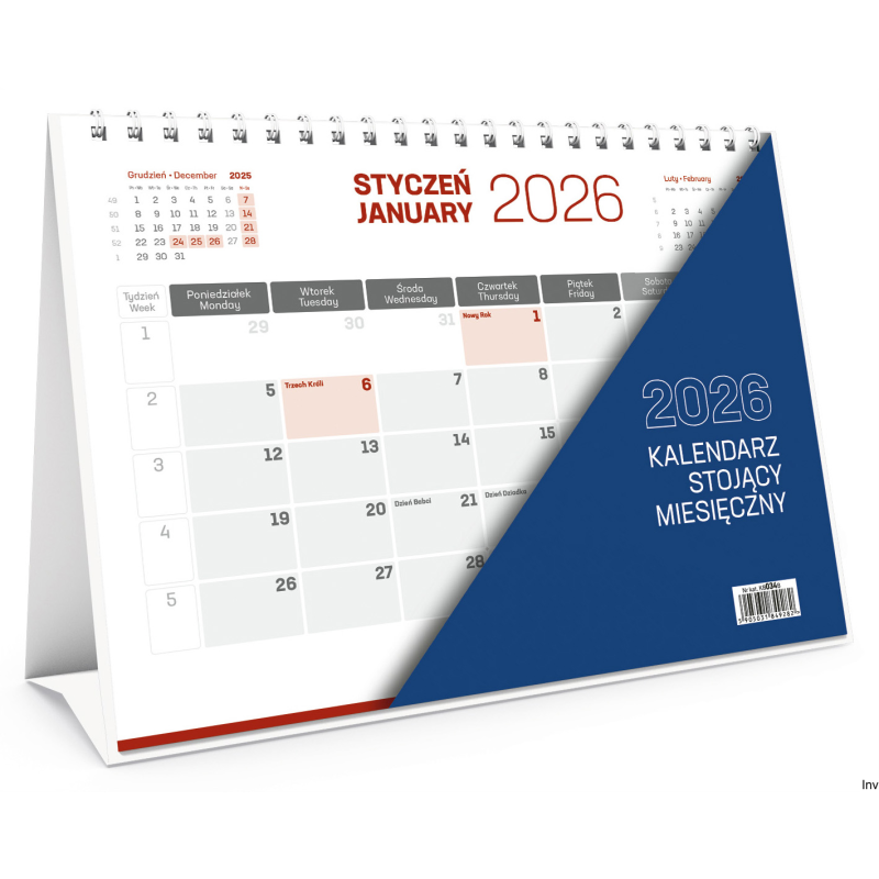 Kalendarz stojący miesięczny Wokół Nas 2026, 230x170 mm, 12 stron, biały papier 70g/m2, z zaznaczonymi świętami