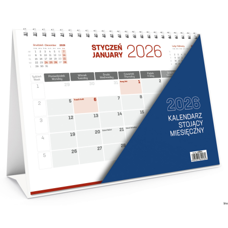 Kalendarz stojący miesięczny Wokół Nas 2026, 230x170 mm, 12 stron, biały papier 70g/m2, z zaznaczonymi świętami