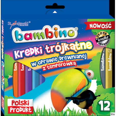 Kredki trójkątne Bambino 12 kolorów z temperówką w drewnianej oprawie