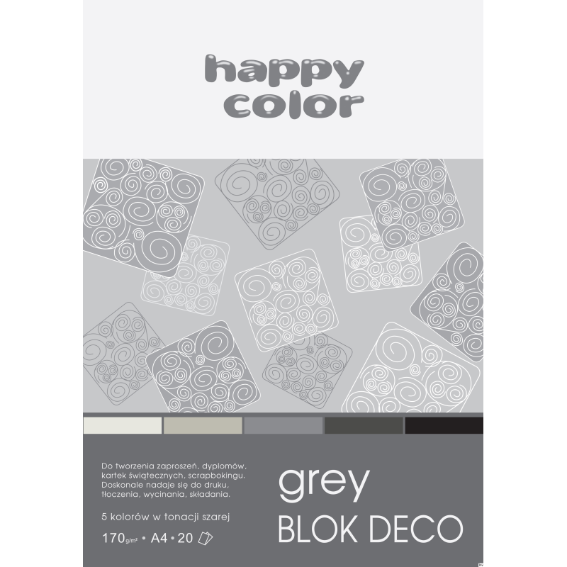 Blok Happy Color Deco Grey A4, 170g, 20 arkuszy, 5 odcieni szarości