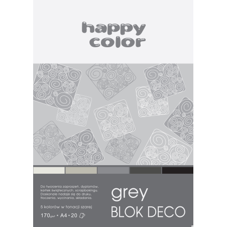 Blok Happy Color Deco Grey A4, 170g, 20 arkuszy, 5 odcieni szarości