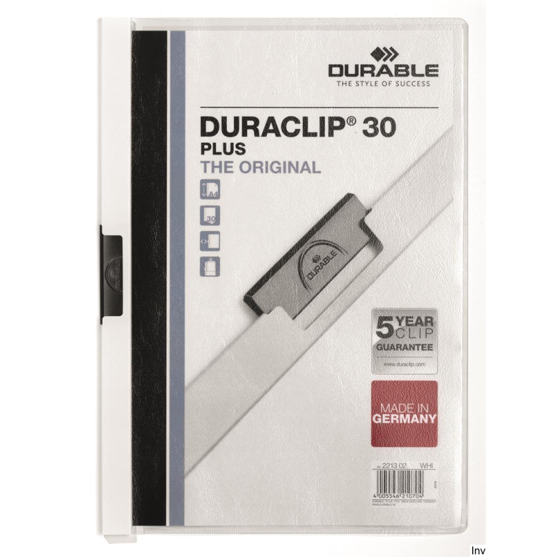 Skoroszyt DURACLIP Plus A4 1-30 kartek przezroczysta kieszeń biały Durable