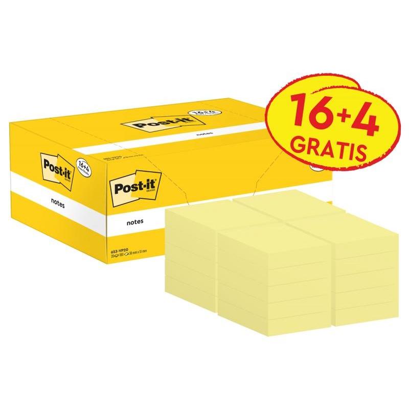 Karteczki samoprzylepne POST-IT (653CY-VP20), 38x51mm, 100 kart./bloczek, 16 + 4 bloczki GRATIS, kanarkowo żółte