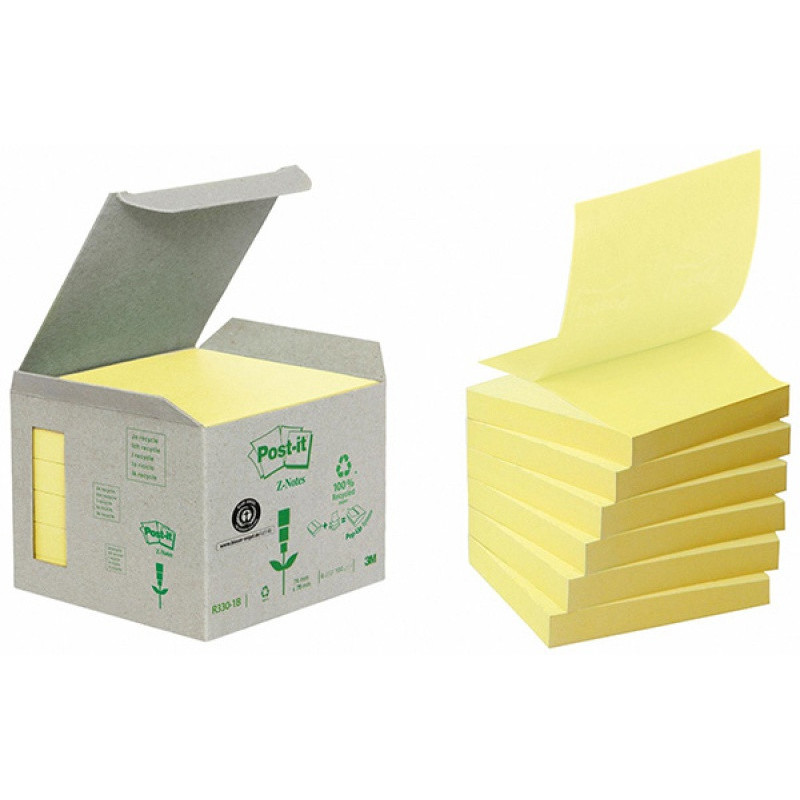 Karteczki samoprzylepne POST-IT Recycled Z-Notes (R330-1B), 76x76mm, 6x100 kart., żółte