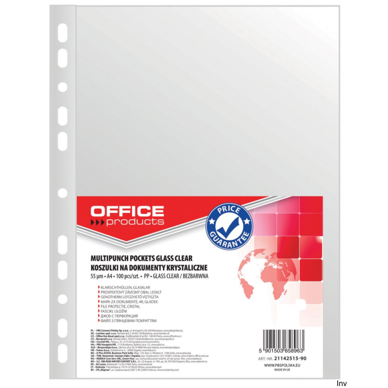 Koszulki na dokumenty Office Products A4, 55 mikronów, transparentne, 100 sztuk