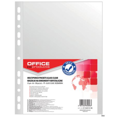 Koszulki na dokumenty Office Products A4, 55 mikronów, transparentne, 100 sztuk
