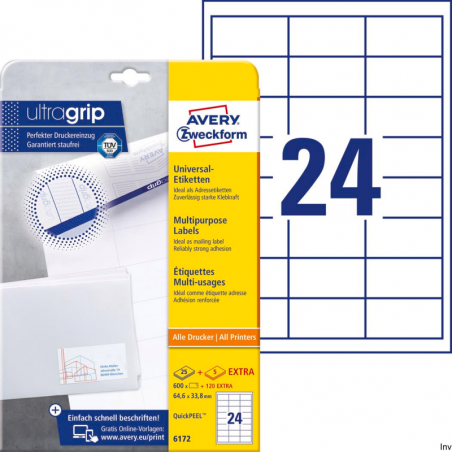 Etykiety uniwersalne Avery Zweckform 64,6 x 33,8 mm, białe, A4, 600 sztuk, 30 arkuszy
