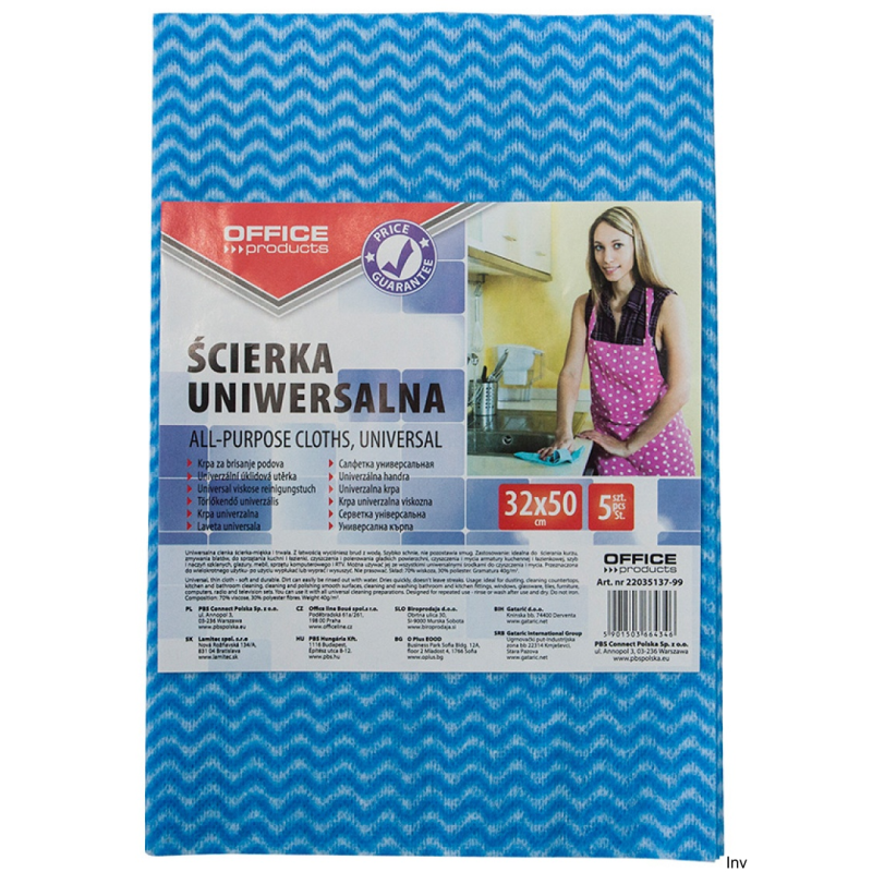 Ścierka uniwersalna Office Products, wiskoza 70%, 40g/m², 32x50cm, 5 sztuk, niebieska