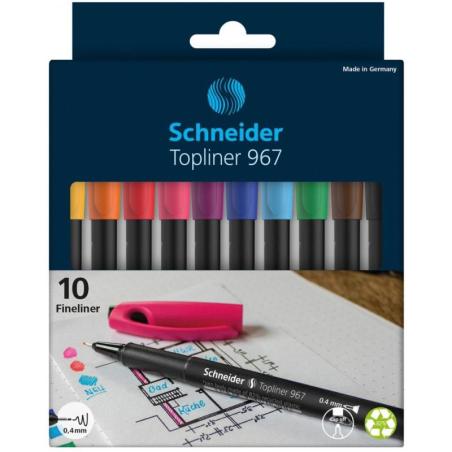 Zestaw cienkopisów SCHNEIDER Topliner 967, 0,4 mm, 10 szt., pudełko z zawieszką, mix kolorów