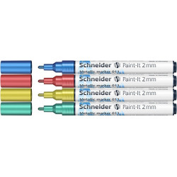 Marker akrylowy SCHNEIDER Paint-It Metallic, 2 mm, etui 4 szt., niebieski, czerowny, żółty, zielony