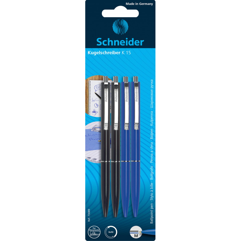 Długopisy automatyczne SCHNEIDER K15,2x czarny + 2x niebieski, blister