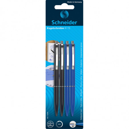 Długopisy automatyczne SCHNEIDER K15,2x czarny + 2x niebieski, blister