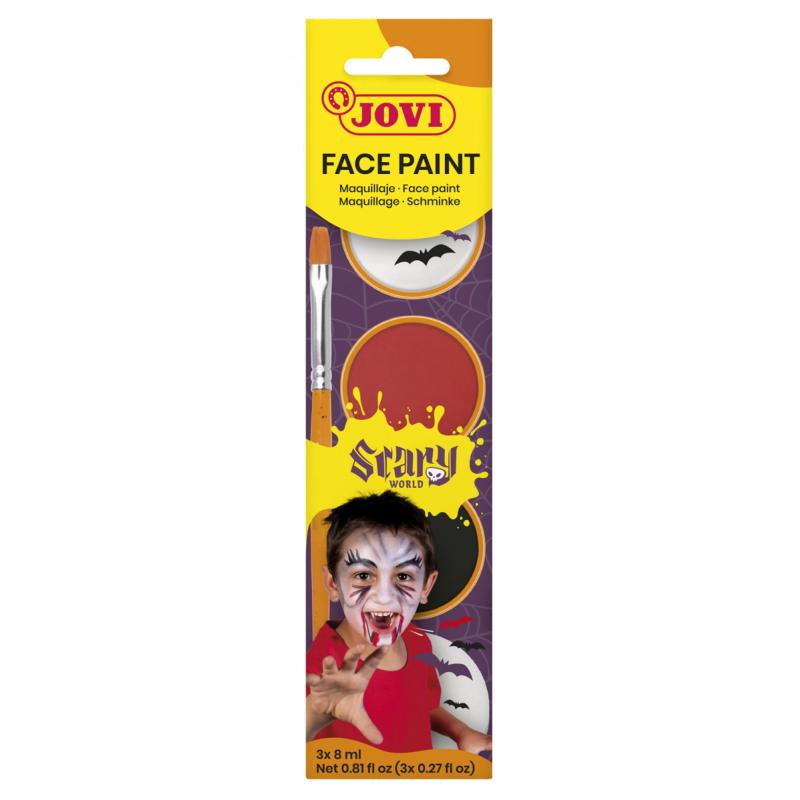 Farby do malowania twarzy JOVI Scary, 3x8ml, z pędzelkiem i gąbką, mix kolorów