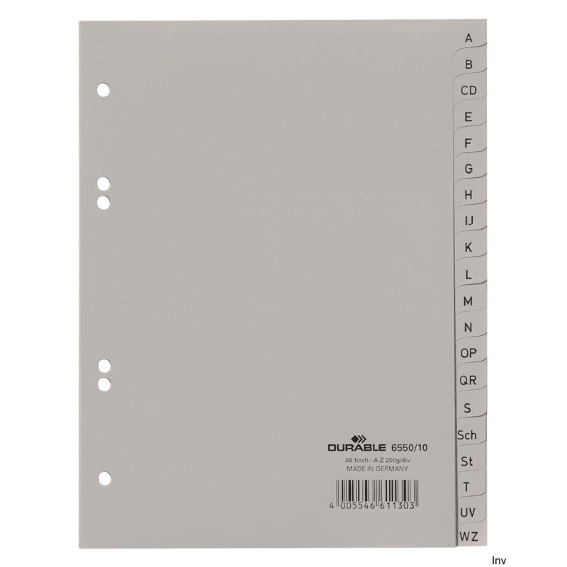 Durable Przekładki A5 A-Z PP szare 20 kartek 210 x 148 mm