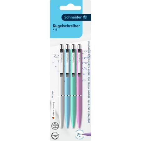 Długopis automatyczny SCHNEIDER K15, M, 4 szt., blister, mix kolorów pastelowych