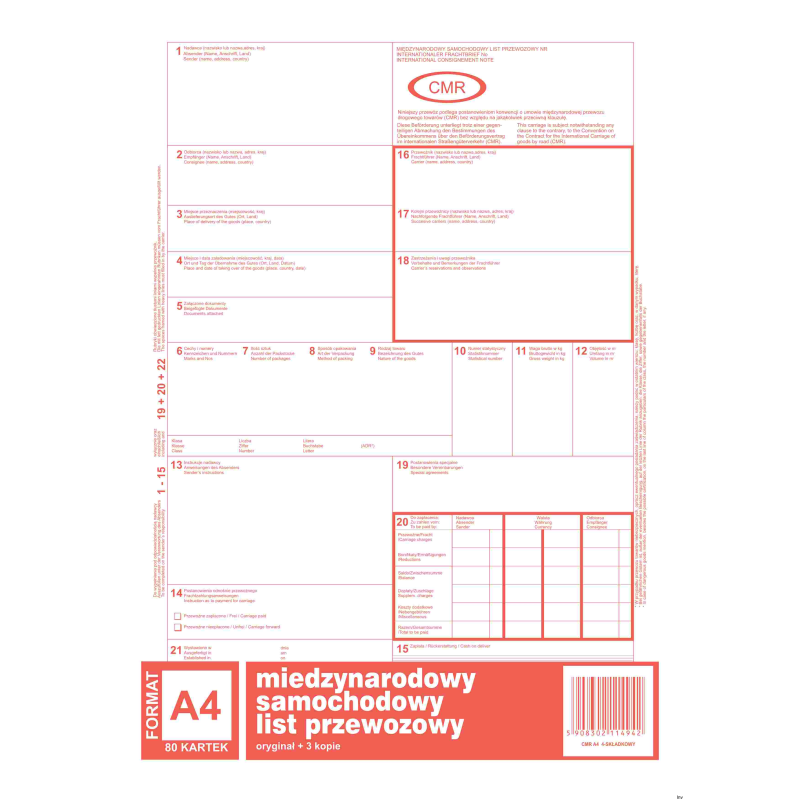 800-1 CMR A4 80kartek 1+3 międzynarodowy list przewozowy MICHALCZYK&PROKO
