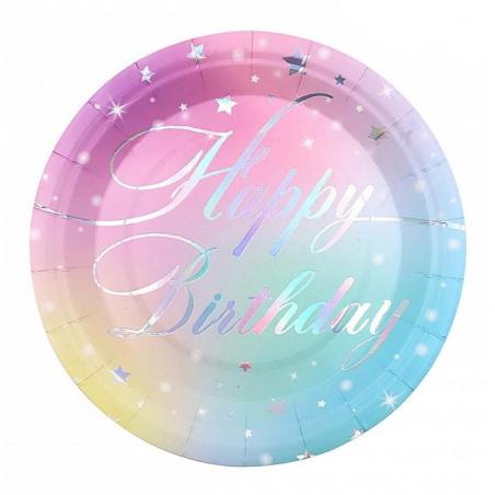 PAKIET Talerz papierowy PARTY GO Happy Birthday, 18cm, 8 szt., mix kolorów
