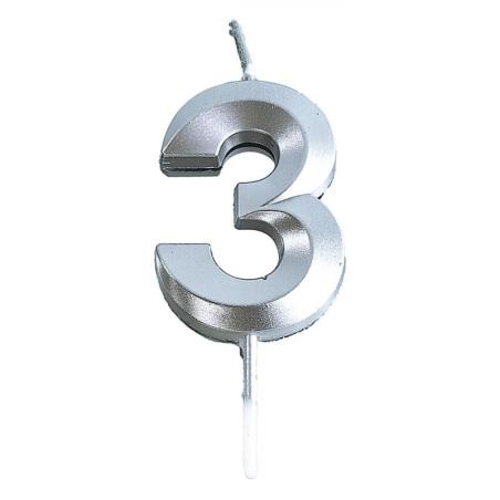 PAKIET Świeczka PARTY GO, cyfra 3, 4,8cm, srebrna