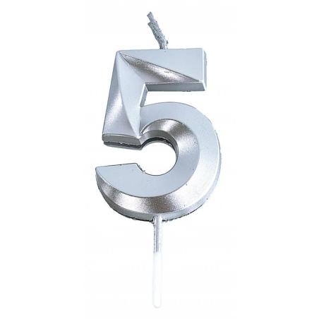 PAKIET Świeczka PARTY GO, cyfra 5, 4,8cm, srebrna