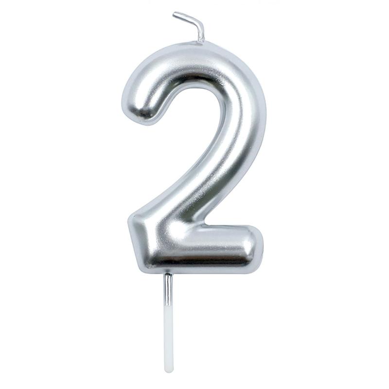 PAKIET Świeczka PARTY GO, cyfra 2, 6cm, srebrna