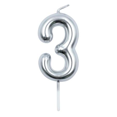 PAKIET Świeczka PARTY GO, cyfra 3, 6cm, srebrna