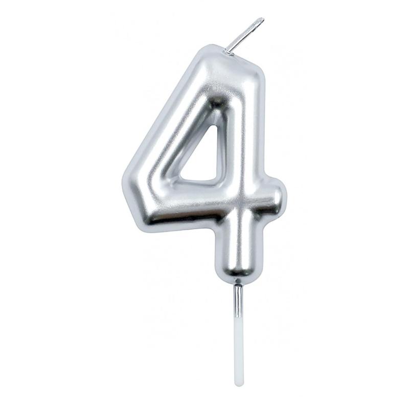 PAKIET Świeczka PARTY GO, cyfra 4, 6cm, srebrna