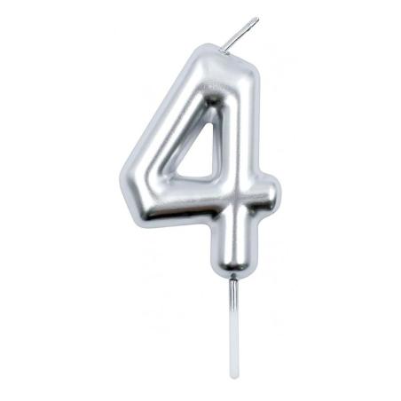 PAKIET Świeczka PARTY GO, cyfra 4, 6cm, srebrna