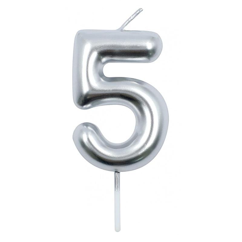 PAKIET Świeczka PARTY GO, cyfra 5, 6cm, srebrna