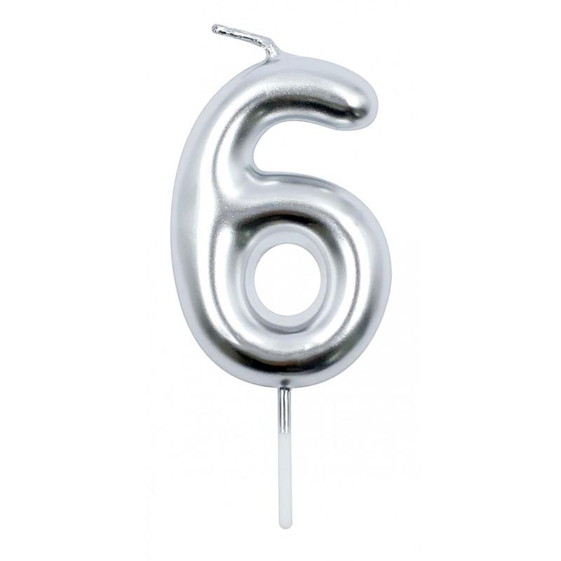 PAKIET Świeczka PARTY GO, cyfra 6, 6cm, srebrna
