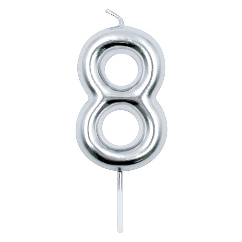 PAKIET Świeczka PARTY GO, cyfra 8, 6cm, srebrna