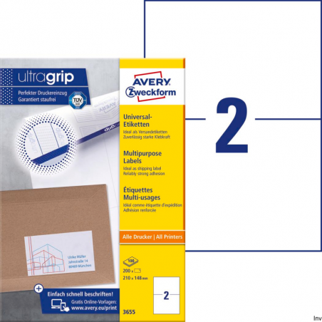 Etykiety uniwersalne Avery Zweckform 3655 210x148 mm, 100 arkuszy, białe, do druku laserowego i atramentowego