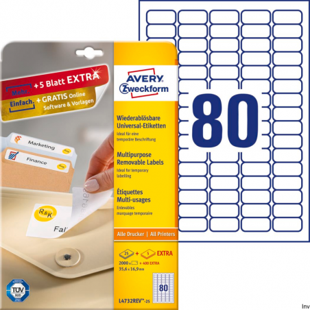 Etykiety uniwersalne Avery Zweckform L4732REV-25 35,6x16,9 mm, 2000 sztuk, usuwalne, A4, białe