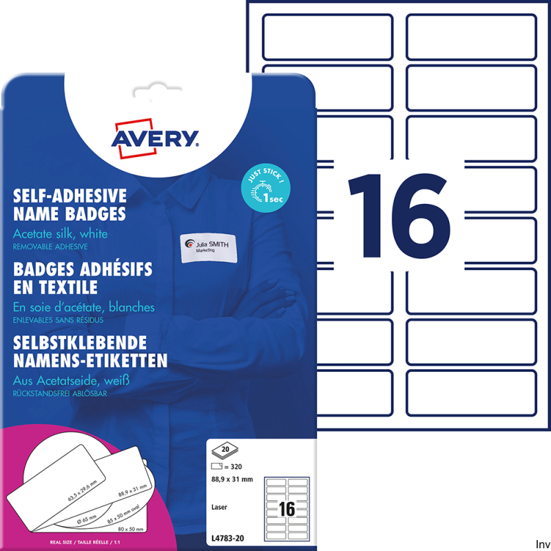 Identyfikatory samoprzylepne Avery Zweckform L4783-20 88,9x31 mm, 20 arkuszy, białe, do tkanin