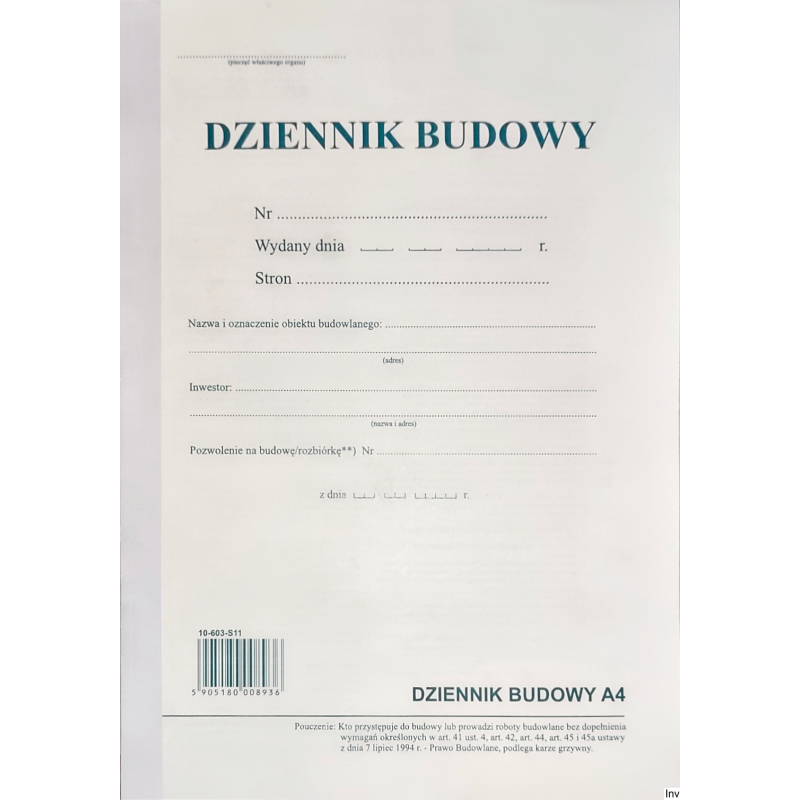 Dziennik Budowy A4 (oryginał + kopia) 603-S1